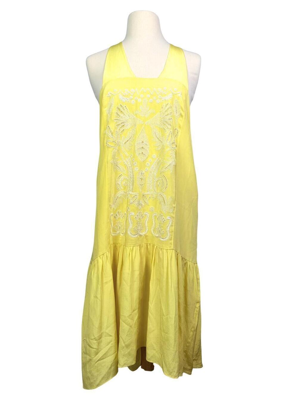 Tibi Yellow Silk Embroidered Shift Dress Size 6 Boho Midi Sundress
